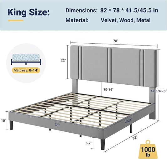 Allewie King Size Platform Bed Frame with Adjustable Headboard, Plush Velvet Upholstered, Vertical Channel Tufted, Sturdy Wooden Slats, No Box Spring Needed, Easy Assembly, Grey
