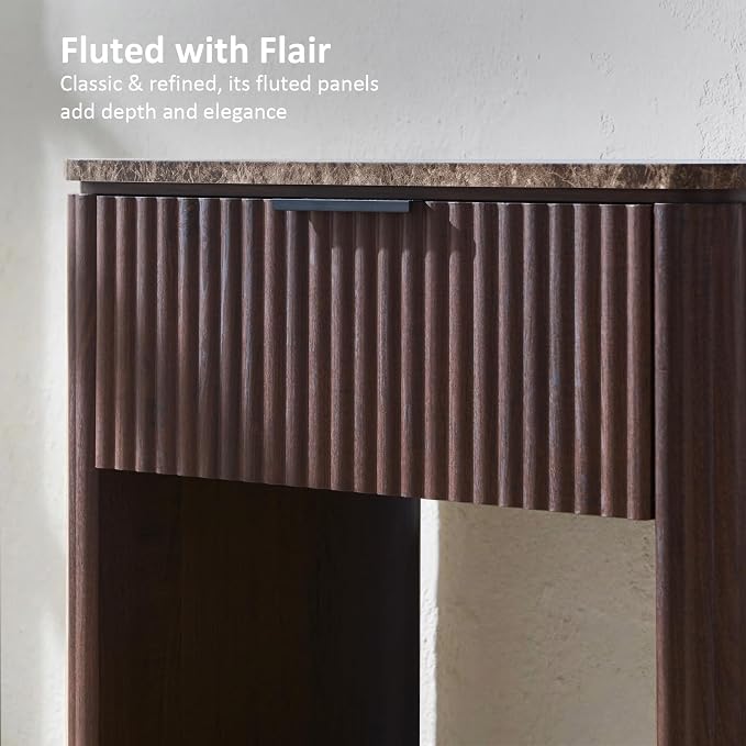 Fluted Nightstand with Faux Marble Top, Modern Bedside Table | FSC-Certified Engineered Wood, 24" H, 1 Drawer and 1 Storage Shelf, Rounded Corner, Metal Handle, for Bedroom, Dark Oak