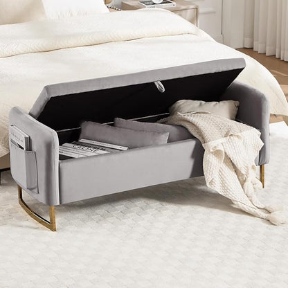 48" End of Bed Bench, Modern Storage Benches with Button-Tufted, Velvet Upholstered Storage Ottoman Bench for Foot of Bed with Arms, Gold Legs Window and Entryway, Light Grey