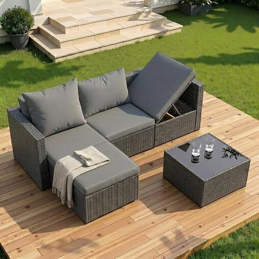 Shintenchi 4 Pieces Patio Furniture Set, 2-in-1 Convertible Sectional Sofa & Chaise Lounge, All-Weather Wicker Rattan Sofa Couch with Cushions & Coffee Table for Yard, Garden, Porch, Poolside (Gray)