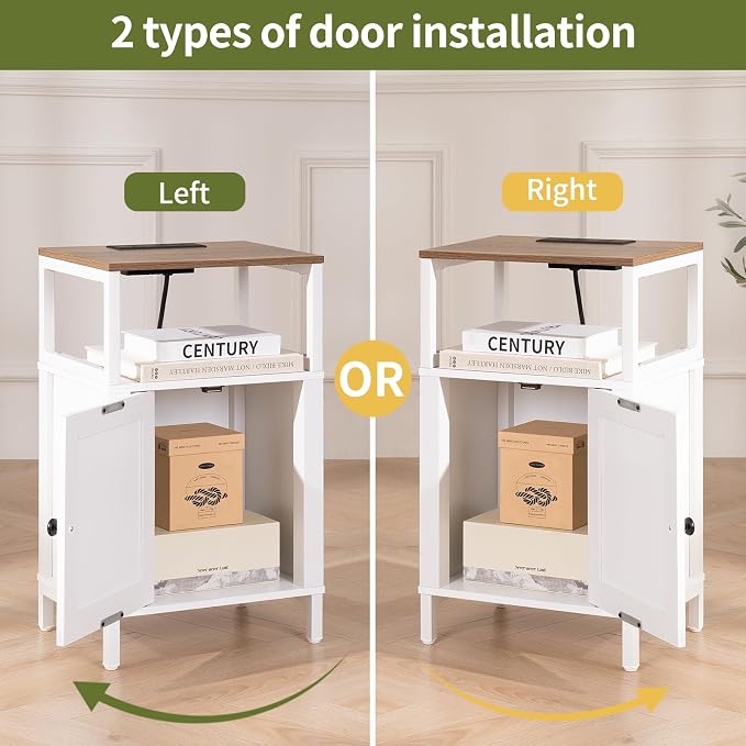 Yoobure Farmhouse NightStand with Charging Station，Wood Night Stand End Table with USB Ports, LED Bed Side Table with Storage Cabinet，Bedside Table for Bedroom, Living Room White