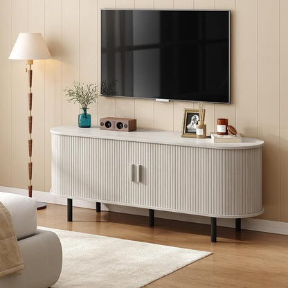 ONBRILL 55" TV Stand with Power Outlet for TVs up to 60 Inch, Entertainment Center with Storage and Adjustable Shelves, Modern Media Console with Sliding Doors for Living Room, Natural White