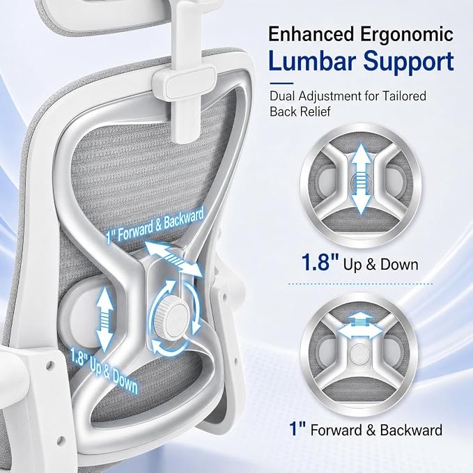 Ergonomic Office Chair for Back & Neck Pain Relief, Virgin Foam Seat, 2D Adjustable Lumbar & 3D Headrest, Tilt & Rock for Relaxation, Ideal for Long Sitting Comfort, Gray/Silver