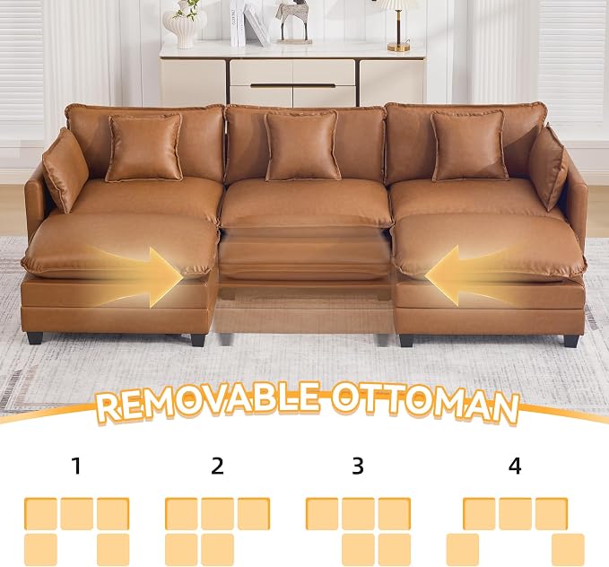 111'' Sectional Cloud Deep Seat Couch, Oversized Leather U Shaped Sectional Sofa for Living Room Set, Comfy Upholstered Modular 5-Seats Sectional Sofa Couch with 2 Movable Ottoman, Leather Light Brown
