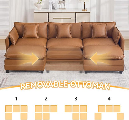 111'' Sectional Cloud Deep Seat Couch, Oversized Leather U Shaped Sectional Sofa for Living Room Set, Comfy Upholstered Modular 5-Seats Sectional Sofa Couch with 2 Movable Ottoman, Leather Light Brown