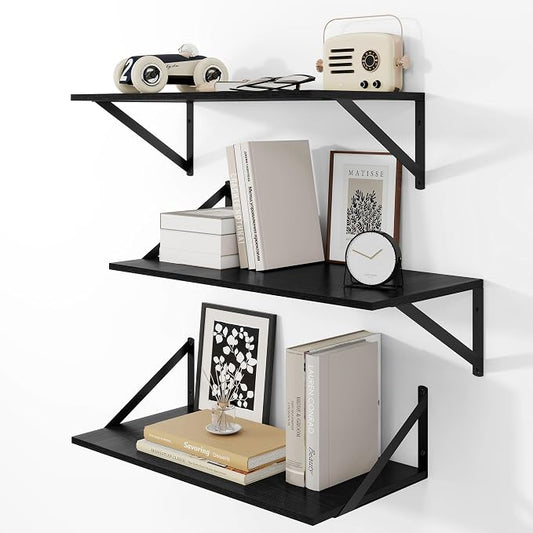 Heimlove Deep Floating Shelves for Wall, Wood Wall, Wide Floating Bookshelf for Living Room, Kitchen, Office, Bedroom and Decor Storage,Black with Metal Bracket, 24wx12dx5.8h, 3Shelves