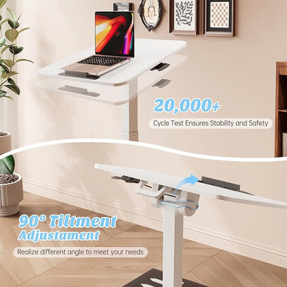 Foldable Mobile Standing Desk, 90 Tiltable Rolling Standing Desk, Height Adjustable Portable Laptop Workstation for Home Office, Easy to Fold, White