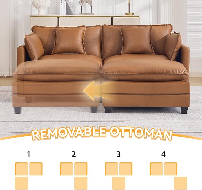 76'' Cloud Deep Seat Loveseat Sofa, Upholstered Leather Modular 2-Seats Sectional Sofa Couch with Movable Ottoman, Modern Comfy Settee Loveseat for Living Room Set, Small Apartment,Leather Light Brown
