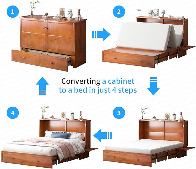 PUREMIND Murphy Bed with Mattress Included, Queen Murphy Bed Cabinet with Storage Drawer and Bedside Panel, Built-in Charging Station, Solid Wood Space-Saving Wallbed Hideaway Beds for Guest Room