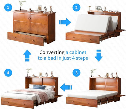 PUREMIND Murphy Bed with Mattress Included, Queen Murphy Bed Cabinet with Storage Drawer and Bedside Panel, Built-in Charging Station, Solid Wood Space-Saving Wallbed Hideaway Beds for Guest Room