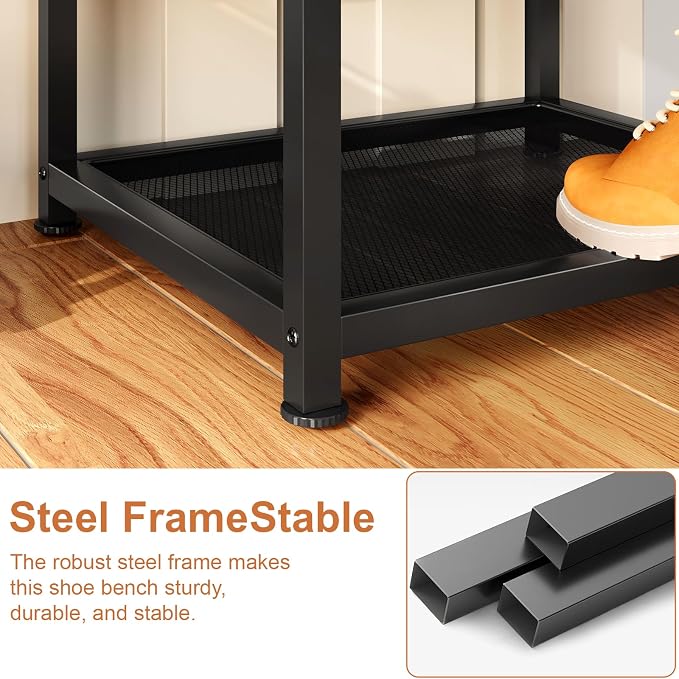 DreamDashio Set of 2 Small Shoe Storage Benches with PU Leather Cushion, 3-Tier Shoe Rack Organizer for Entryway, Metal Mesh Shelves, Holds Up to 300 lbs, Brown (31.5"x11.4"x17.5")