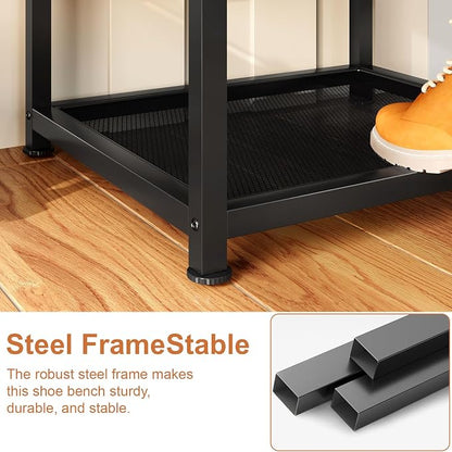 DreamDashio Set of 2 Small Shoe Storage Benches with PU Leather Cushion, 3-Tier Shoe Rack Organizer for Entryway, Metal Mesh Shelves, Holds Up to 300 lbs, Brown (31.5"x11.4"x17.5")