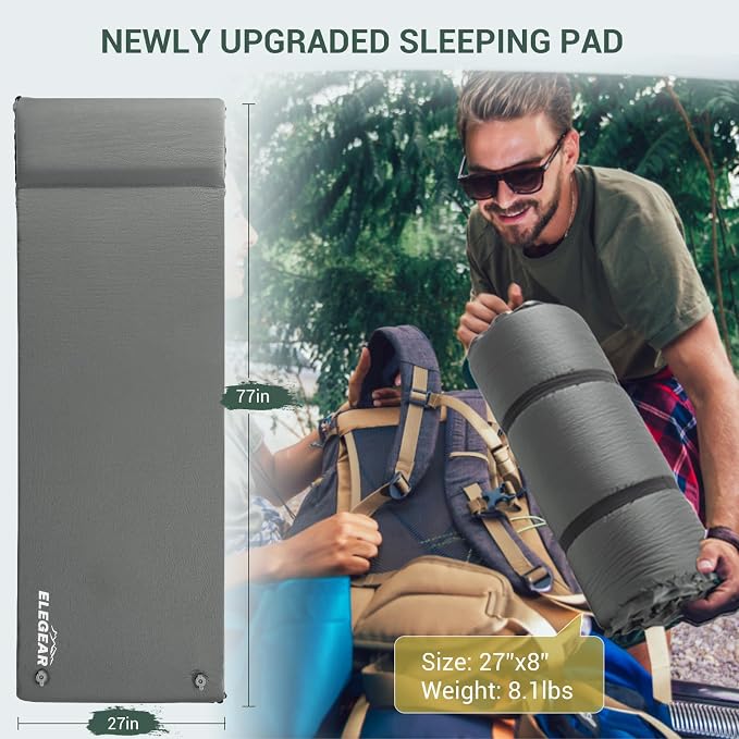 Elegear CumbreX™ Self Inflating Sleeping Pad with Pillow 3.15" Memory Foam | Fast Inflating in 20s, Insulated 4-Season R-value 9.5, Ultra-Thick, For Camp/Travel/Car/Tent