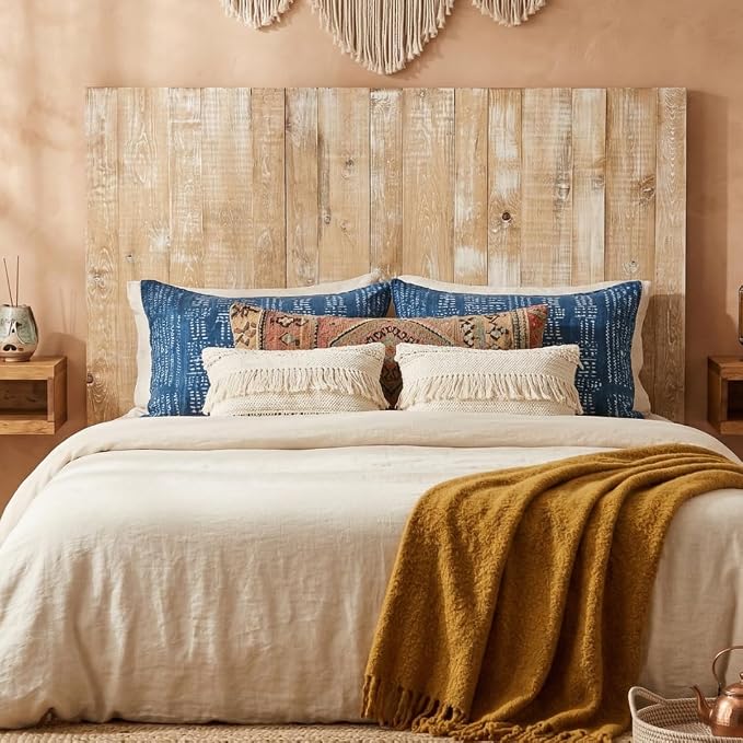 Barn Walls Headboard for King Size Bed - Bohemian Floating Panels, Solid Wood Construction, Adjustable Height, Easy Assembly, Stylish Design for Any Bedroom - Boho Whitewash, California King Size