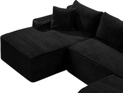 106-Inch Oversized U-Shaped Left Facing Corner Compressed Sofa Modular Boneless Cloud Sectional Sofa Floor Foam Couch W/Chaise & Ottoman, Corduroy Corner Boneless Cloud Couch