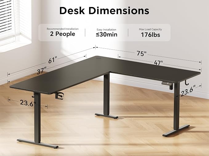 WALKINGDESK 75x61 Inches Reversible L Shaped Standing Desk Height Adjustable with Cup Holder, Electric Corner Computer Workstation for Home Office, Ergonomic Sit Stand up Gaming Desk, Black