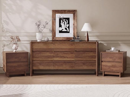 CHUWELL 3-Piece Bedroom Dresser Set-9 Drawer Dresser & 2 Nightstands,63" Wide Walnut Dresser and Night Stands with Solid Wood Cylindrical Legs,Rustic Wooden Storage for Bedroom