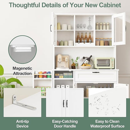 Shintenchi Kitchen Pantry Storage Cabinet, Freestanding Buffet Cabinet with Microwave Stand & 3 Door Shelves, Kitchen Hutch with Doors, Adjustable Shelves and Wine Rack, White