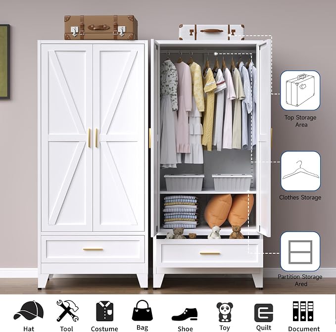 Steel Armoire Wardrobe Closet, 71" Metal Clothing Storage Cabinets with 2 Doors, 1 Drawer and 1 Adjustable Shelf, White Wardrobe Cabinet with Hanging Rod for Bedroom, Gym