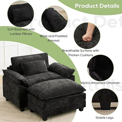 Oprisen 53" Modular Sectional Sofa, Comfy Cloud Couch Sectional Sofa with Ottoman, Chenille Sofa Sleeper Deep Seat Sofa with Throw Pillows for Living Room (Black)