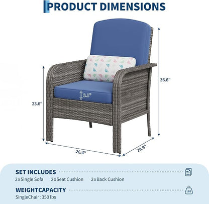 Garvee 2 Pieces Patio Furniture Set, Outdoor Wicker Chairs of 2,All Weather High Back Rattan Chairs 2-Seater with Comfy Cushions for Porch Deck,Gray & Blue