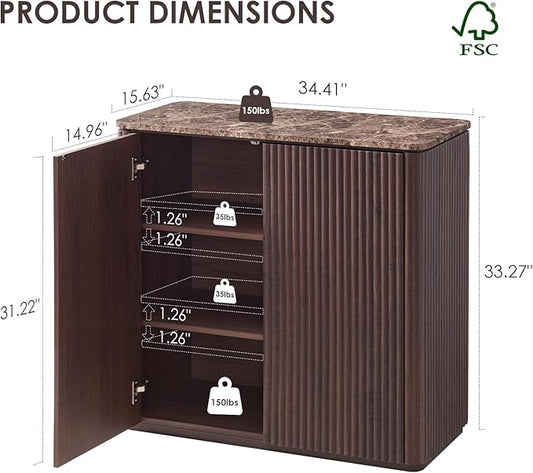 Fluted 2 Doors Sideboard Cabinet with Storage, 34" Wooden Credenza with Shelves, Faux Marble-Top Coffee Bar Console Table, Modern Buffet Cabinet for Dining, Kitchen, Living Room, Entryway, Dark Oak