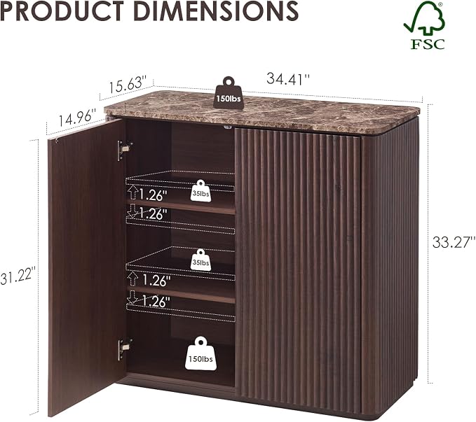 Fluted 2 Doors Sideboard Cabinet with Storage, 34" Wooden Credenza with Shelves, Faux Marble-Top Coffee Bar Console, Modern Buffet Cabinet for Dining, Kitchen, Living Room, Entryway, Dark Oak, 2pcs