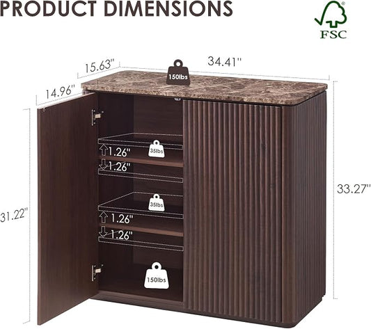 Fluted 2 Doors Sideboard Cabinet with Storage, 34" Wooden Credenza with Shelves, Faux Marble-Top Coffee Bar Console, Modern Buffet Cabinet for Dining, Kitchen, Living Room, Entryway, Dark Oak, 2pcs