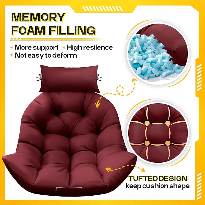 MAGIC ELEPHANT Egg Chair Cushion, Memory Foam Hanging Egg Chair Cushion Replacement, Indoor Outdoor Hammock Basket Swing Cushion with Headrest (Red)