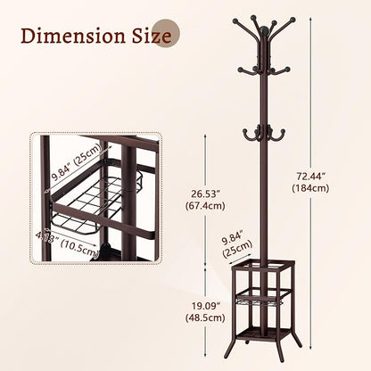 FAVOOSTY Coat Rack Freestanding,Coat Rack Stand with Umbrella Holder,Metal Coat Tree with 12 Hooks,Tree Clothes Hat for Entryway, Hallway, Bedroom, Living Room & Office -Brown