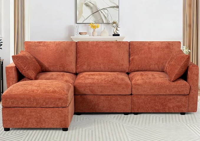 84” Chenille 3-Seats Sofa W/Movable Ottoman, Orange | Modern Fabric L-Shaped Couch w/Soft Backrests, Upholstered Sectional Sofa w/Arm Pillows for Living Room