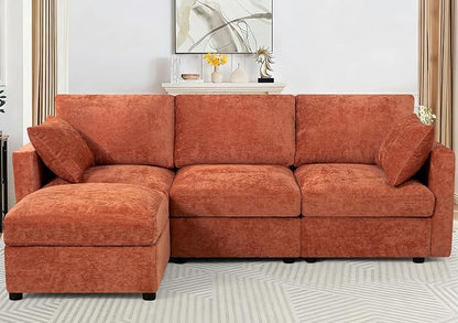 84” Chenille 3-Seats Sofa W/Movable Ottoman, Orange | Modern Fabric L-Shaped Couch w/Soft Backrests, Upholstered Sectional Sofa w/Arm Pillows for Living Room