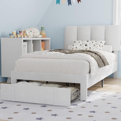 VECELO Twin Bed Frame with Storage Drawer, Heavy-Duty Platform Bedframe with Headboard & Strong Wooden Slats Support, No Boxing Spring Needed, Pure White