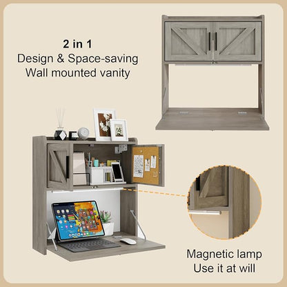 ARTETHYS Wall Mounted Desk Folding with Light Drop Down Hanging Desk,Gray | 3 Color Adjustable Light, Fold Down Computer Desk, Writing Workstation with Storage Compartment, Space Saving for Home Office