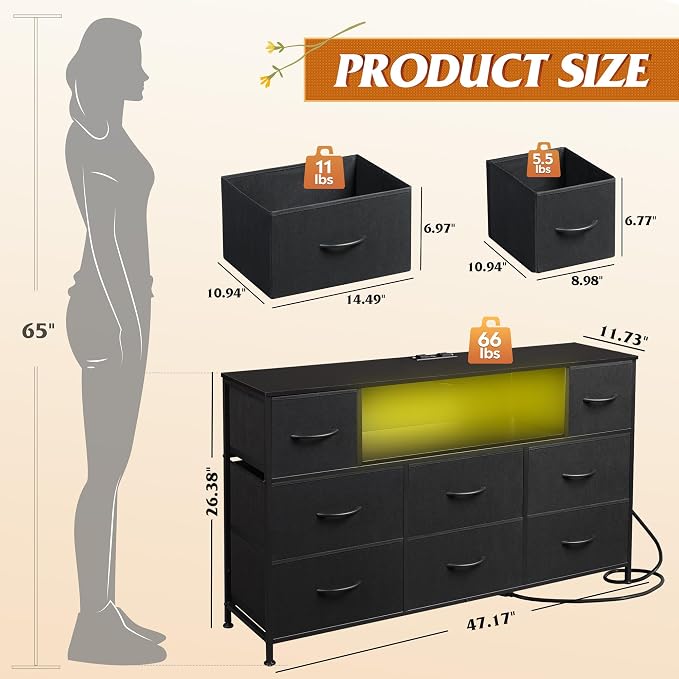 WLIVE Black Dresser TV Stand for 45, 50, 55 inch TV, Entertainment Center with LED Lights & Charging Station, Chest of Drawers with 8 Fabric Drawers and Open Shelves for Living Room, Hallway, Wood Top