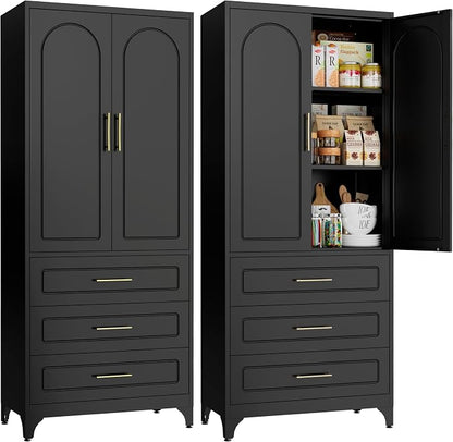 SteeLoong Metal Kitchen Pantry Storage Cabinet with 3 Drawers，75 Inch Black Food Pantry Cabinets for Kitchen Storage with 2 Adjustable Shelves,Tall Storage Cupboard for Living Room,Dining Room Office