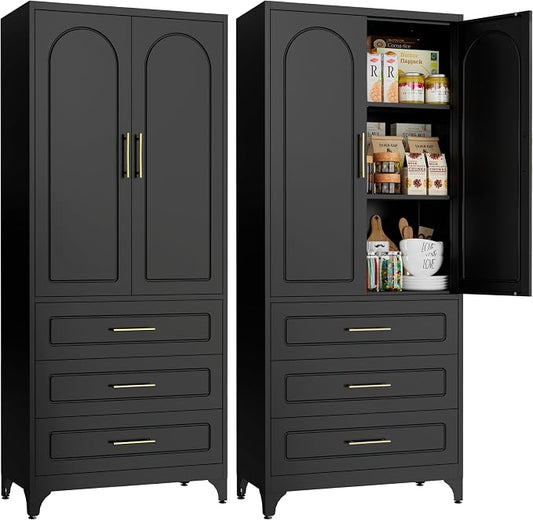 SteeLoong Metal Kitchen Pantry Storage Cabinet with 3 Drawers，75 Inch Black Food Pantry Cabinets for Kitchen Storage with 2 Adjustable Shelves,Tall Storage Cupboard for Living Room,Dining Room Office