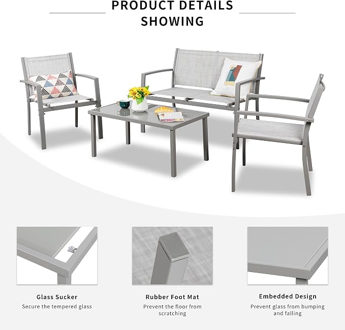 Shintenchi 4 Pieces Patio Furniture Set All Weather Textile Fabric Outdoor Conversation Set, with Glass Coffee Table, Loveseat, 2 Single Chairs for Home, Garden, Lawn, Porch（Silver）