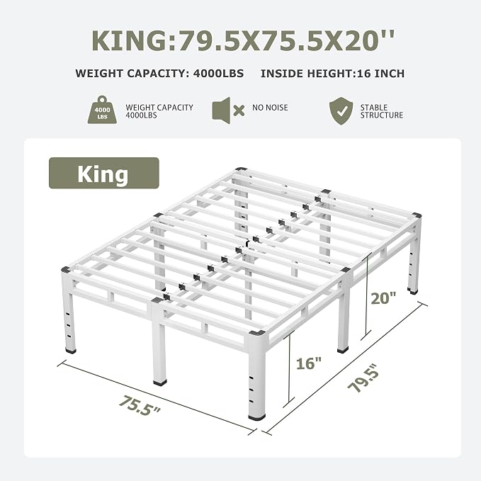 NKZ 20 Inch King Size Bed Frame, Metal Bed Frame & Box Spring 2 in 1 Platform with Round Corner Legs, 4000lbs Weight Capacity Reinforced Metal Frame, Headboard Hole, Noise-Free, Easy Assembly.