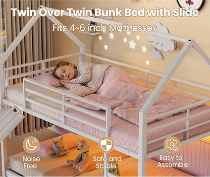 Twin Over Twin Bunk Bed with Slide 40° Gentle-Slope & LED Light, House-Shaped Low Bunk Bed Twin Size with 13.4" Extra-Tall Guardrail & Ladder, Heavy Duty, No Box Spring Needed, Easy Assembly, White