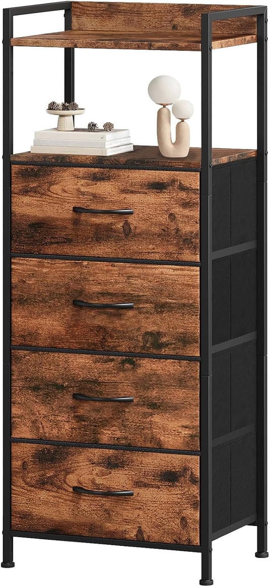 Somdot Nightstand with 4 Drawers, Vertical Storage Tower Fabric Dresser for Bedroom, Night Stand Bedside Table Furniture, Sturdy Steel Frame, Wooden Top & Easy Pull Fabric Bins, Wood Grain Print