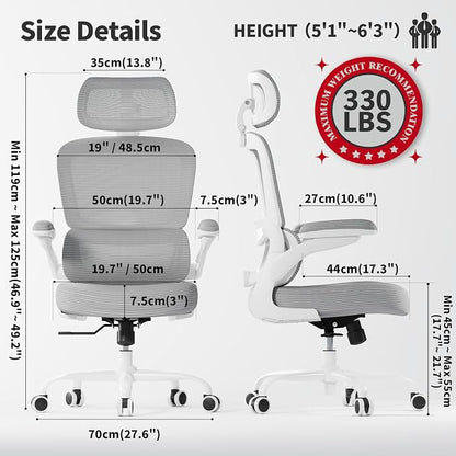 TRALT Office Chair Ergonomic Desk Chair, 330 LBS Home Mesh Office Desk Chairs with Wheels, Comfortable Gaming Chairs (1, Grey PU)