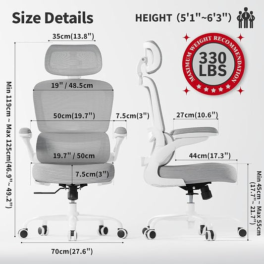 TRALT Office Chair Ergonomic Desk Chair, 330 LBS Home Mesh Office Desk Chairs with Wheels, Comfortable Gaming Chairs (1, Grey PU)