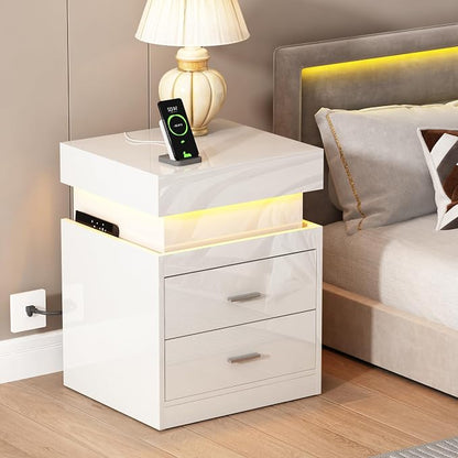 ChooChoo LED Nightstand Set of 2,Smart Night Standwith Charging Station and Sliding Top Storage, White