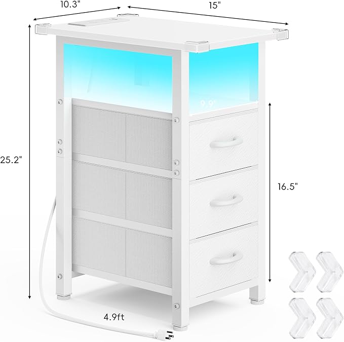Vagusicc White Nightstand with Charging Station and LED Lights, Narrow End Table, LED Nightstand with 3 Fabric Drawers for Bedroom, Small Bedside Table, Narrow Side Table for Small Spaces, White
