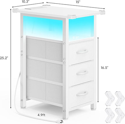 Vagusicc White Nightstand with Charging Station and LED Lights, Narrow End Table, LED Nightstand with 3 Fabric Drawers for Bedroom, Small Bedside Table, Narrow Side Table for Small Spaces, White
