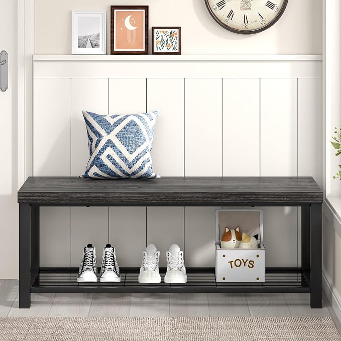 FOLUBAN Industrial Shoe Storage Bench for Entryway Hallway, Rustic Indoor Shoe Rack Bench Seat for Living Room Bedroom, 43.3 Inch Dark Gray