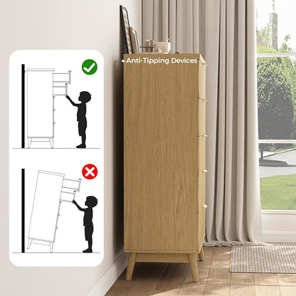 Dresser for Bedroom, 47" Wide 5 Drawer Dresser, Modern Wood Chest of Drawers for, Bedroom, Living Room, Entryway, Natural