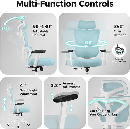 Ergonomic Office Chair High Back Desk Chair with Lumbar Support, Breathable Mesh Computer Chair with Adjustable Armrests Height, Reclining Swivel Big and Tall Gaming Chair for Home Office(Light Blue)
