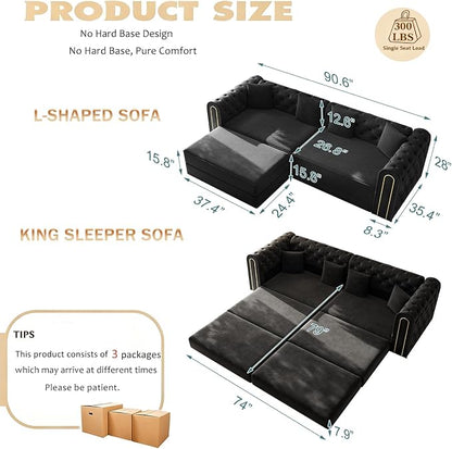 90.6'' Futon Sofa Bed, Chesterfield Velvet Sleeper Sofa, Convertible Floor L-Shaped Couch, Tufted Back, 4 Pillows, Gold Edge Trim, Deep Loveseat Couches for Living Room, Apartment, Gold Black